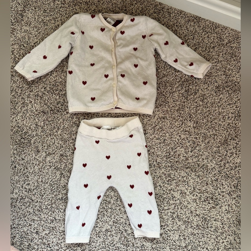 White Baby Cardigan and Pants Set with Red Hearts